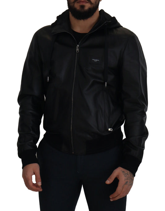 Sleek Black Leather Hooded Bomber Jacket