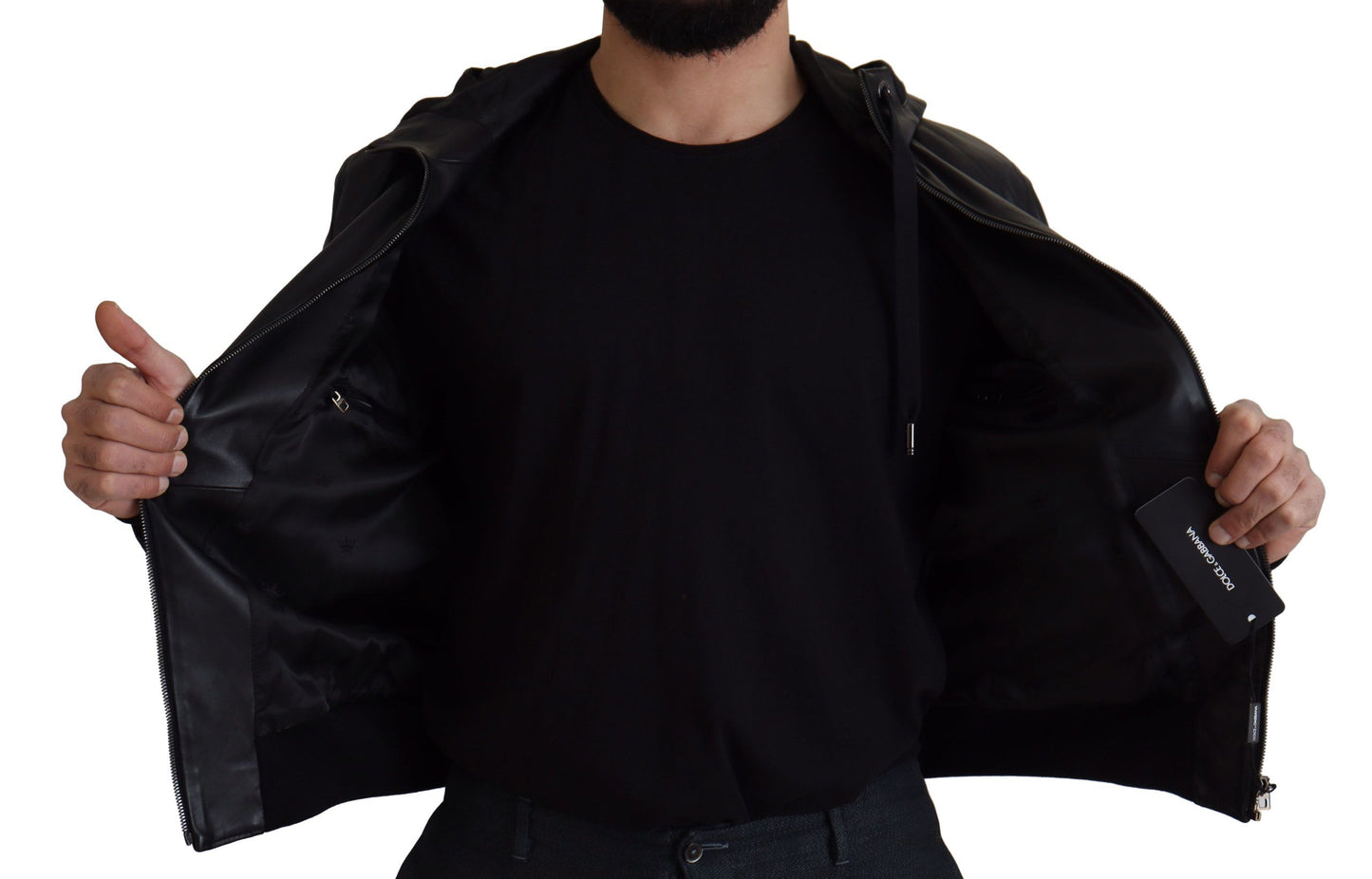 Sleek Black Leather Hooded Bomber Jacket