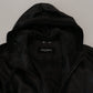 Sleek Black Leather Hooded Bomber Jacket