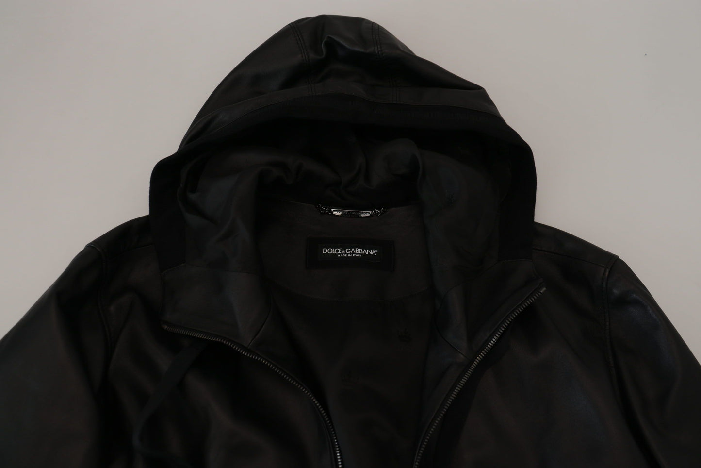 Sleek Black Leather Hooded Bomber Jacket