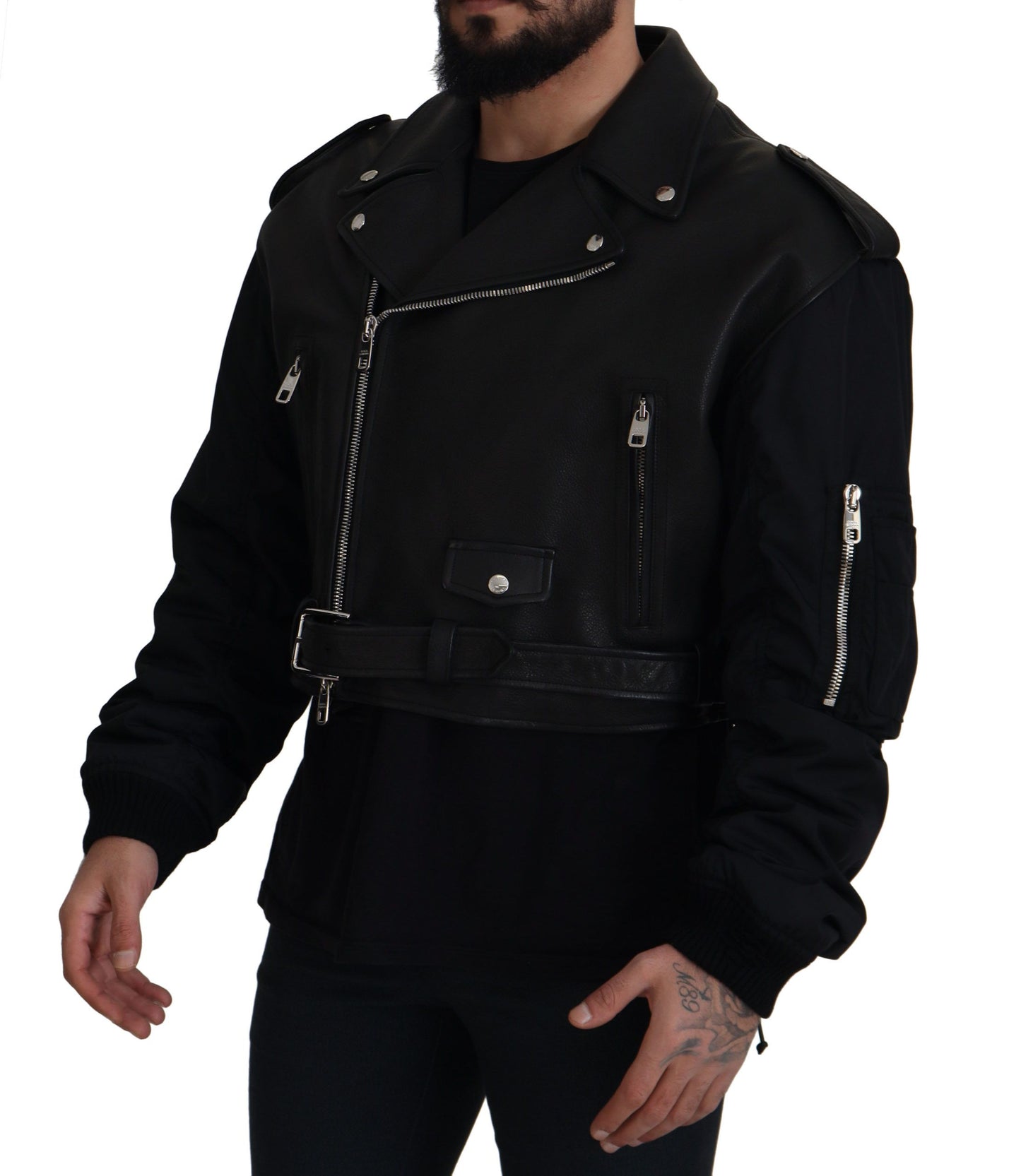 Black Polyester Biker Coat Zipper Jacket