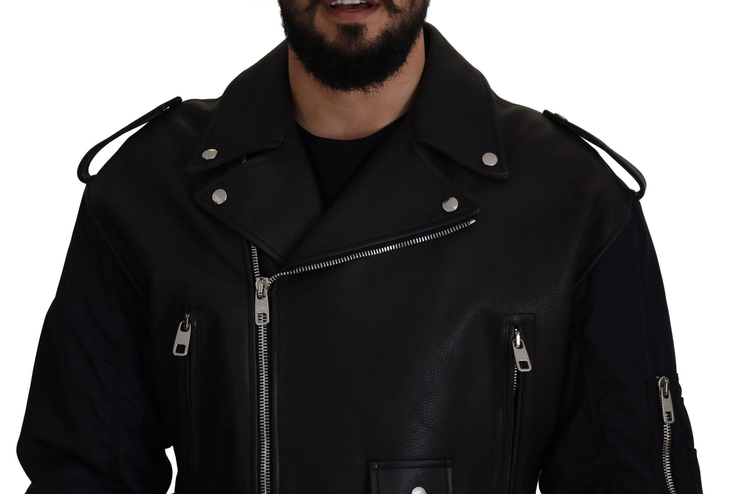 Black Polyester Biker Coat Zipper Jacket