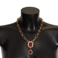 Gold Brass Chain Red Crystal Pendant Statement Necklace