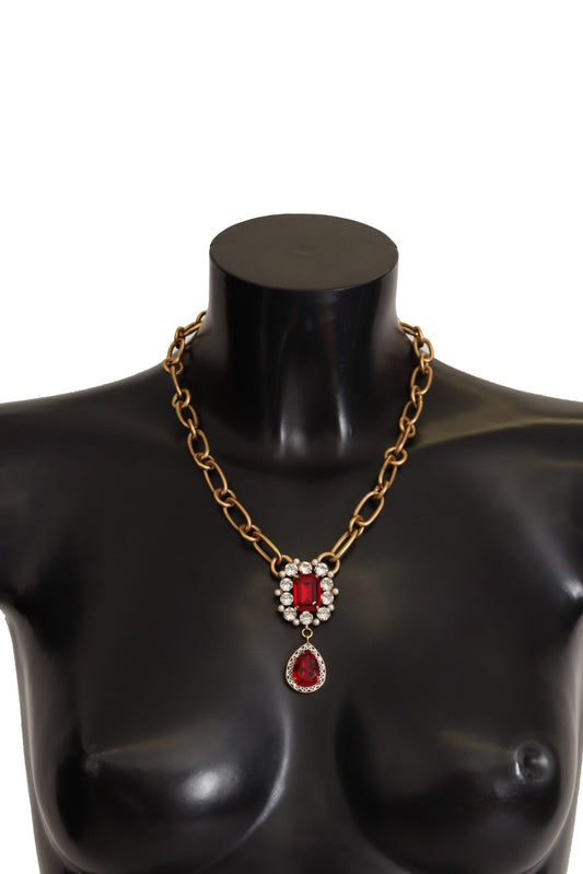 Gold Brass Chain Red Crystal Pendant Statement Necklace