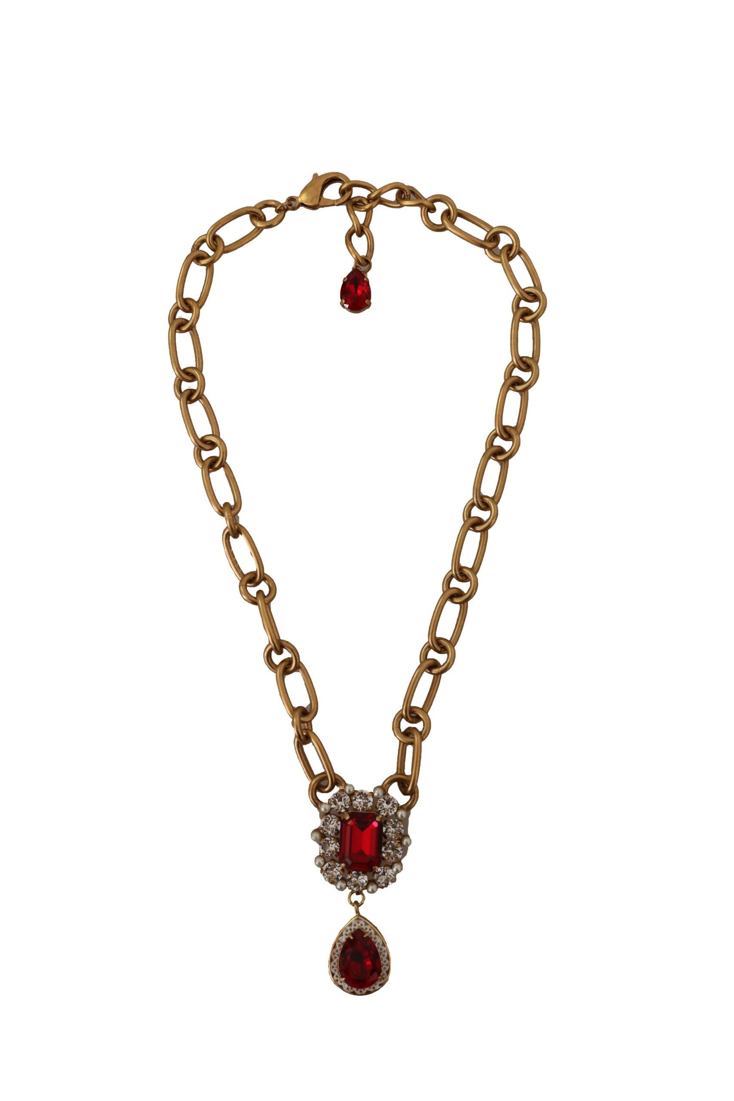 Gold Brass Chain Red Crystal Pendant Statement Necklace