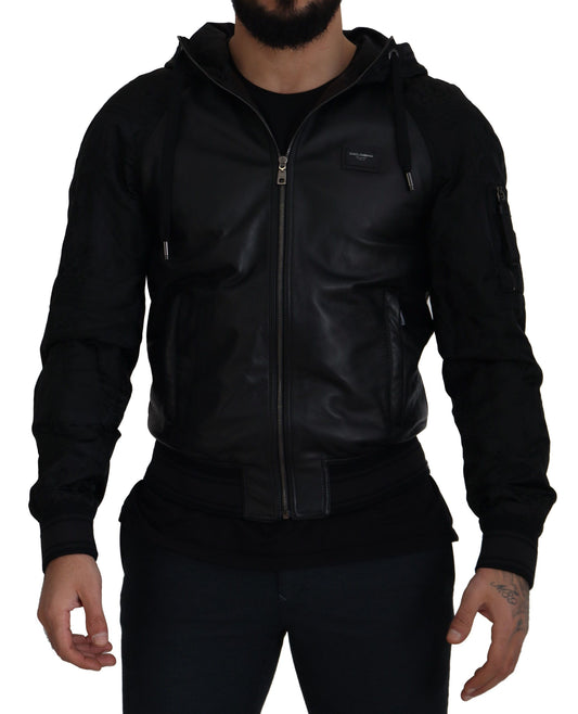 Sleek Leather Hooded Bomber Jacket