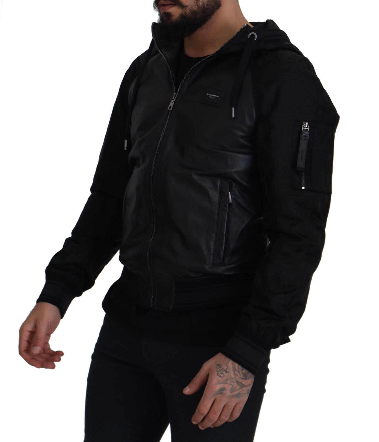 Sleek Leather Hooded Bomber Jacket