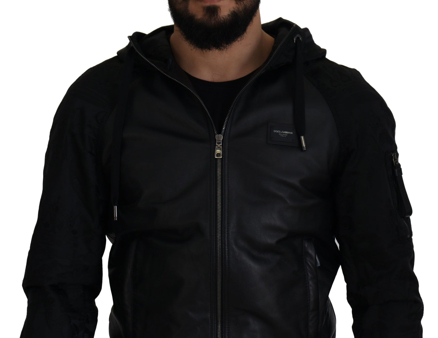 Sleek Leather Hooded Bomber Jacket