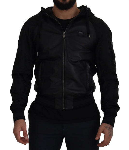 Sleek Leather Hooded Bomber Jacket