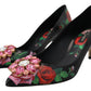 Black Floral Print Crystal Heels Pumps Shoes