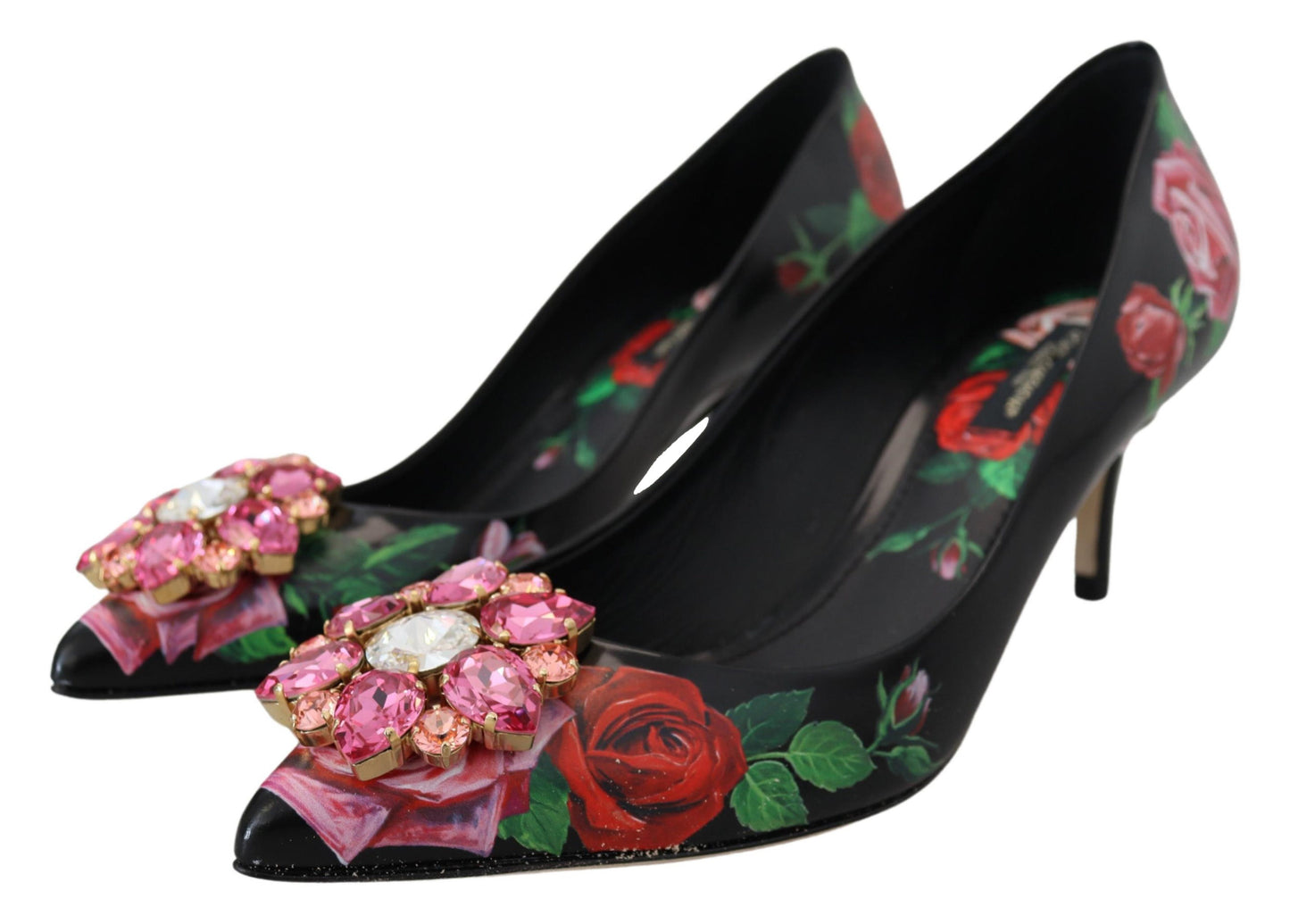 Black Floral Print Crystal Heels Pumps Shoes