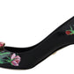 Black Floral Print Crystal Heels Pumps Shoes