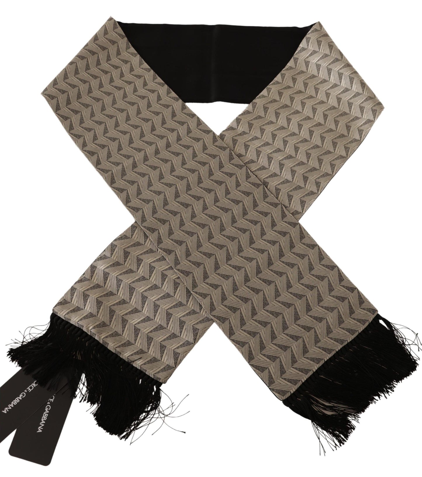 Elegant Fringed Silk Scarf in Khaki & Black