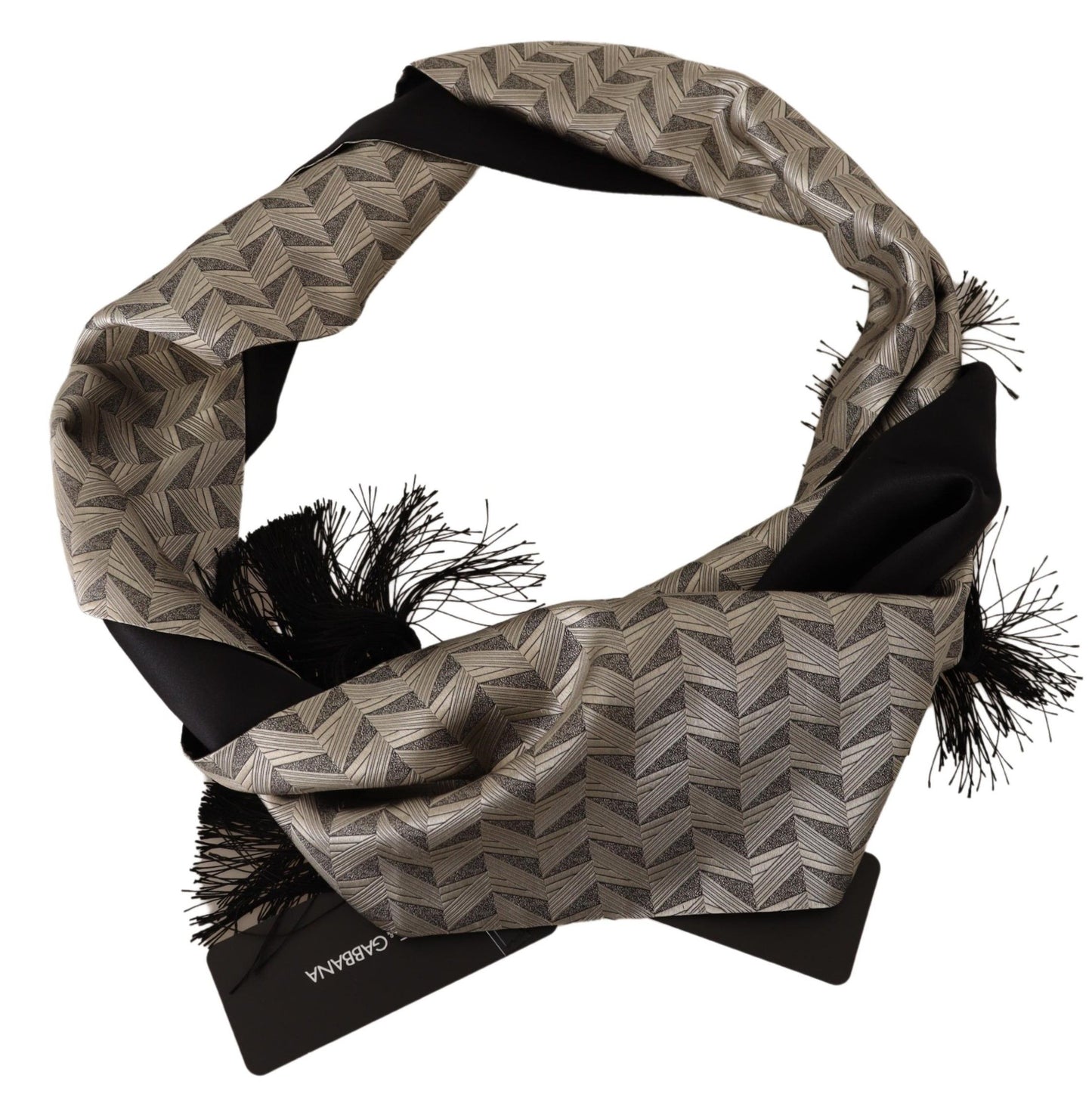 Elegant Fringed Silk Scarf in Khaki & Black