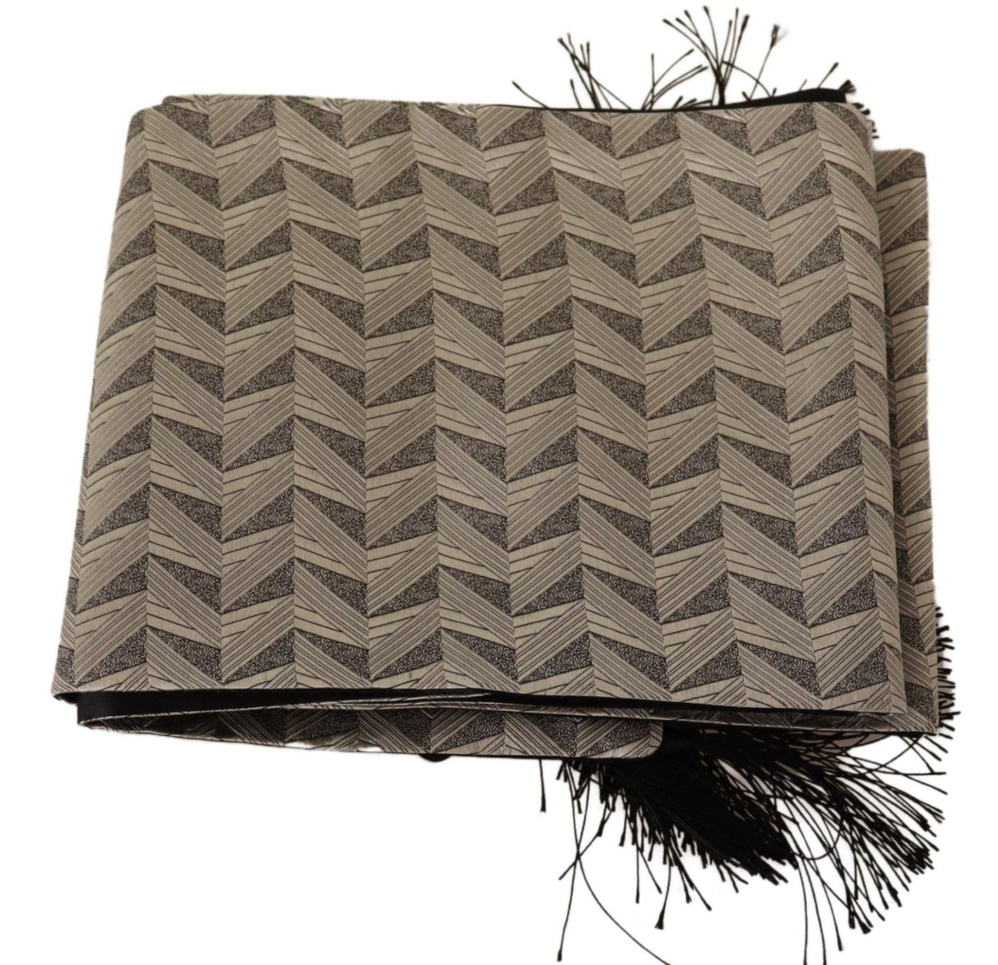 Elegant Fringed Silk Scarf in Khaki & Black