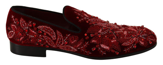 Red Velvet Crystal Embellished Loafers