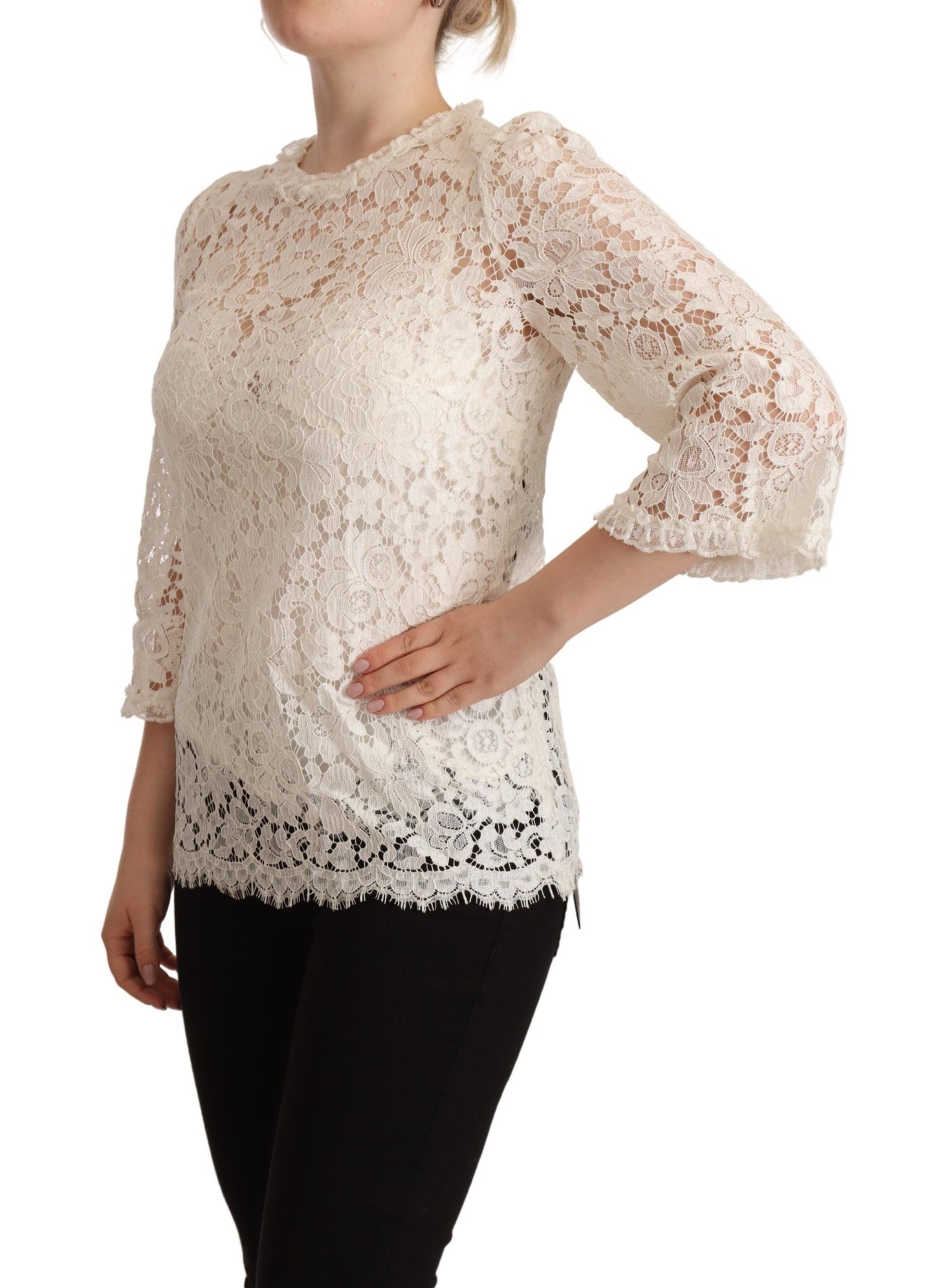 Elegant White Floral Lace Top with 3/4 Sleeves