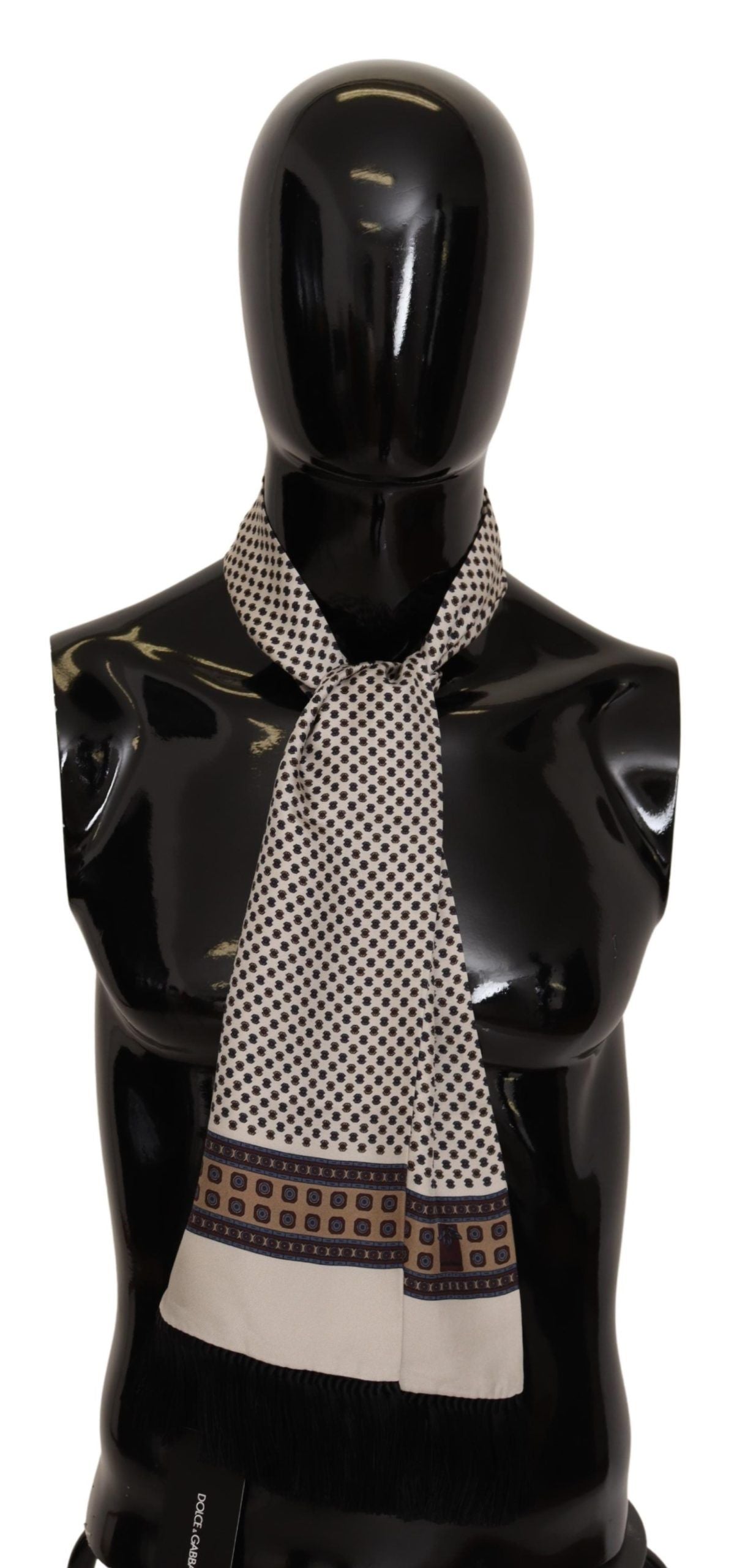 Elegant Beige Silk Scarf with Black Accents