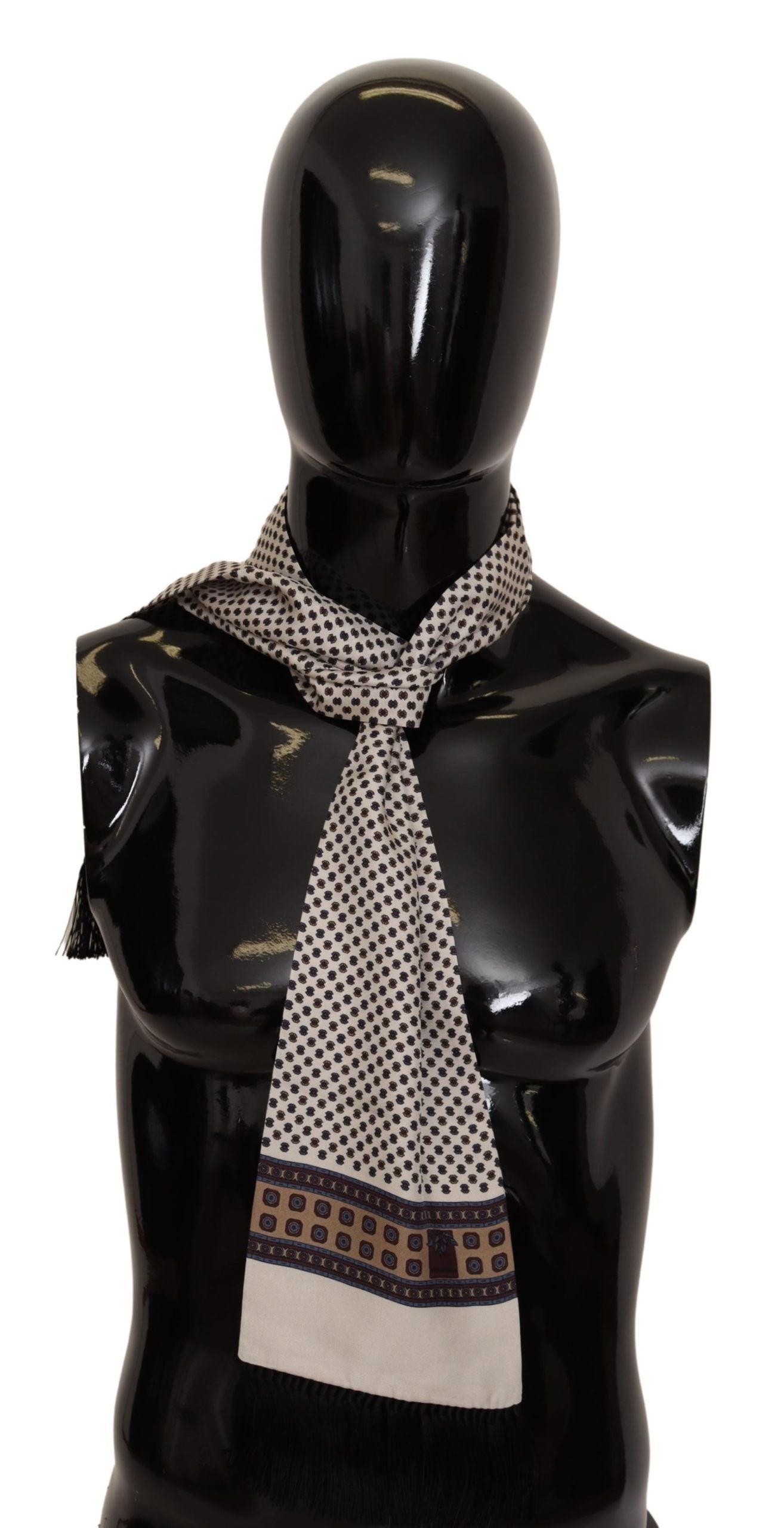 Elegant Beige Silk Scarf with Black Accents