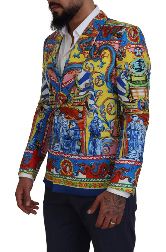 Multicolor Dragon Print Silk Slim Fit Blazer