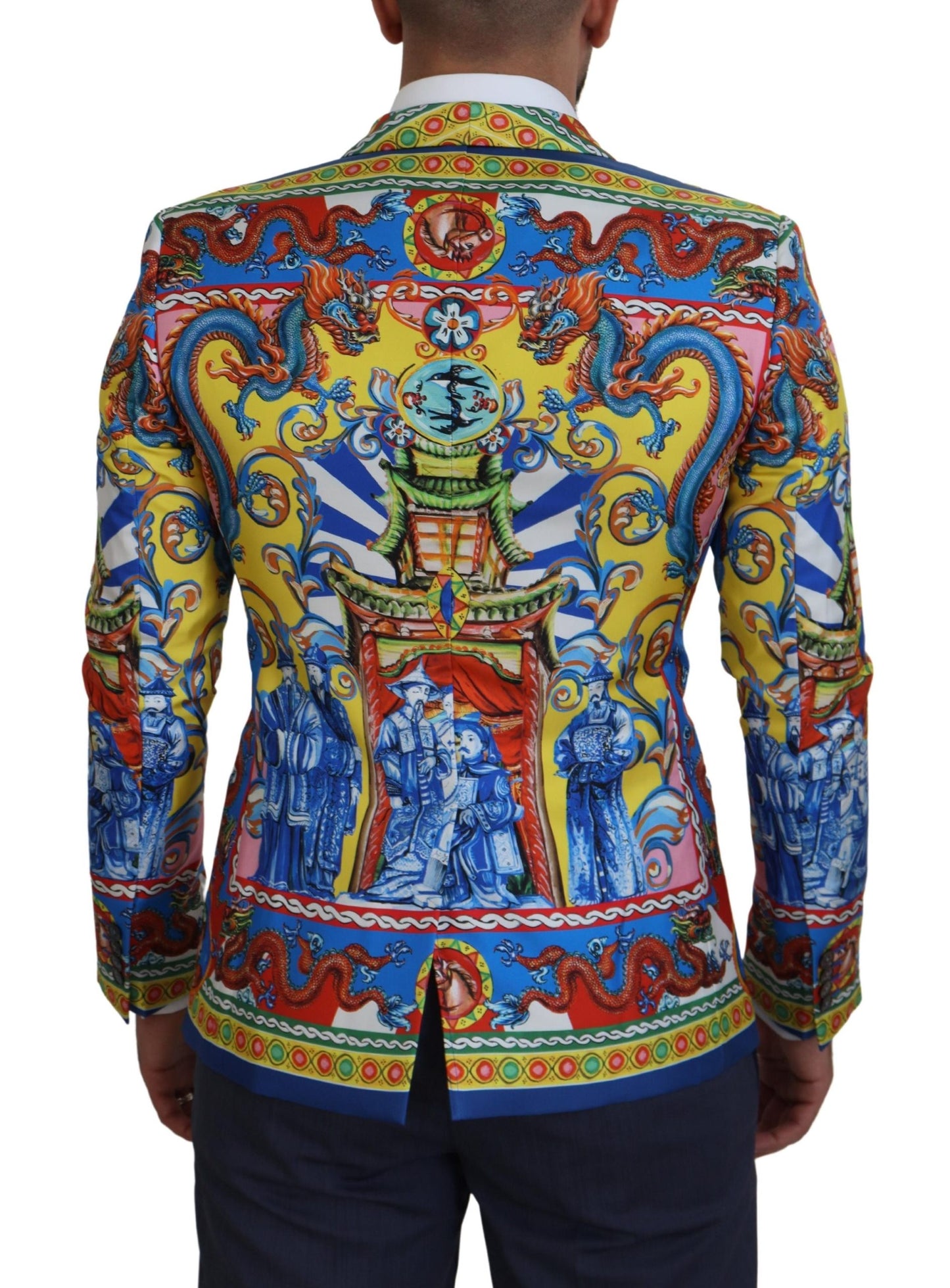 Multicolor Dragon Print Silk Slim Fit Blazer