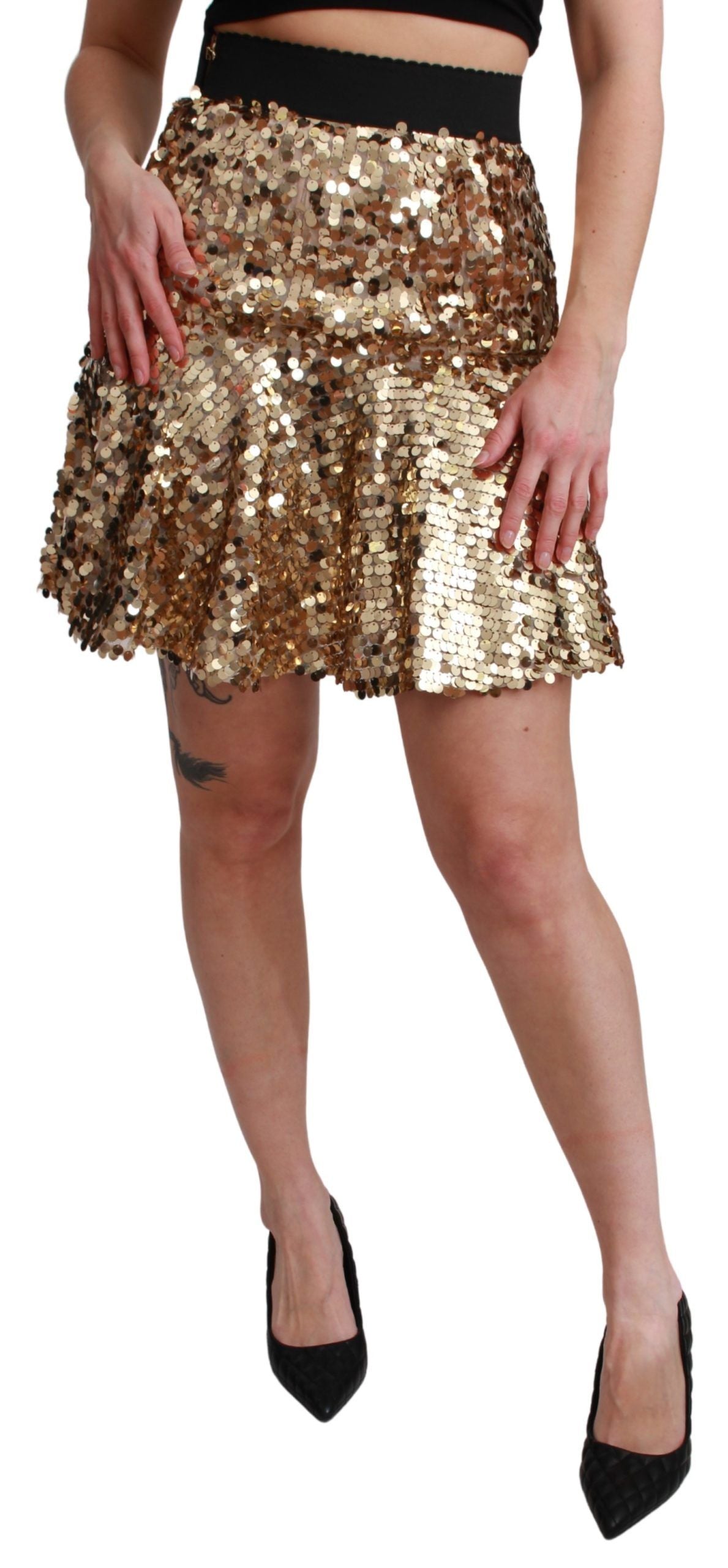 Gold Sequined High Waist A-Line Mini Skirt