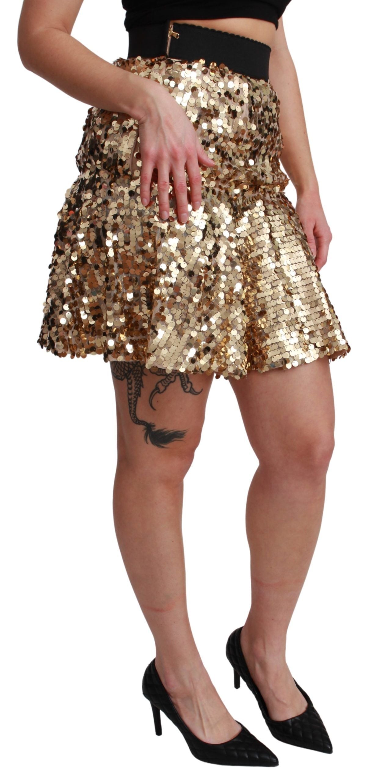 Gold Sequined High Waist A-Line Mini Skirt