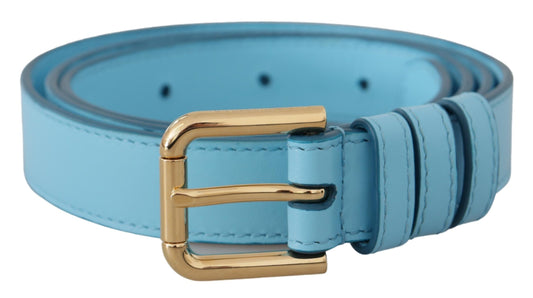 Elegant Sky Blue Leather Belt with Logo Buckle