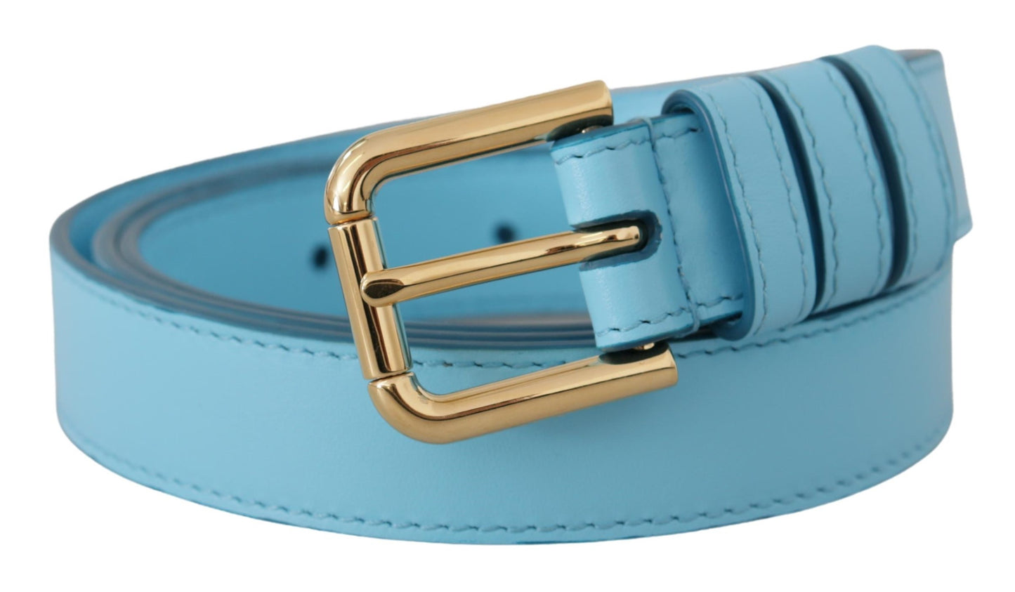 Elegant Sky Blue Leather Belt with Logo Buckle