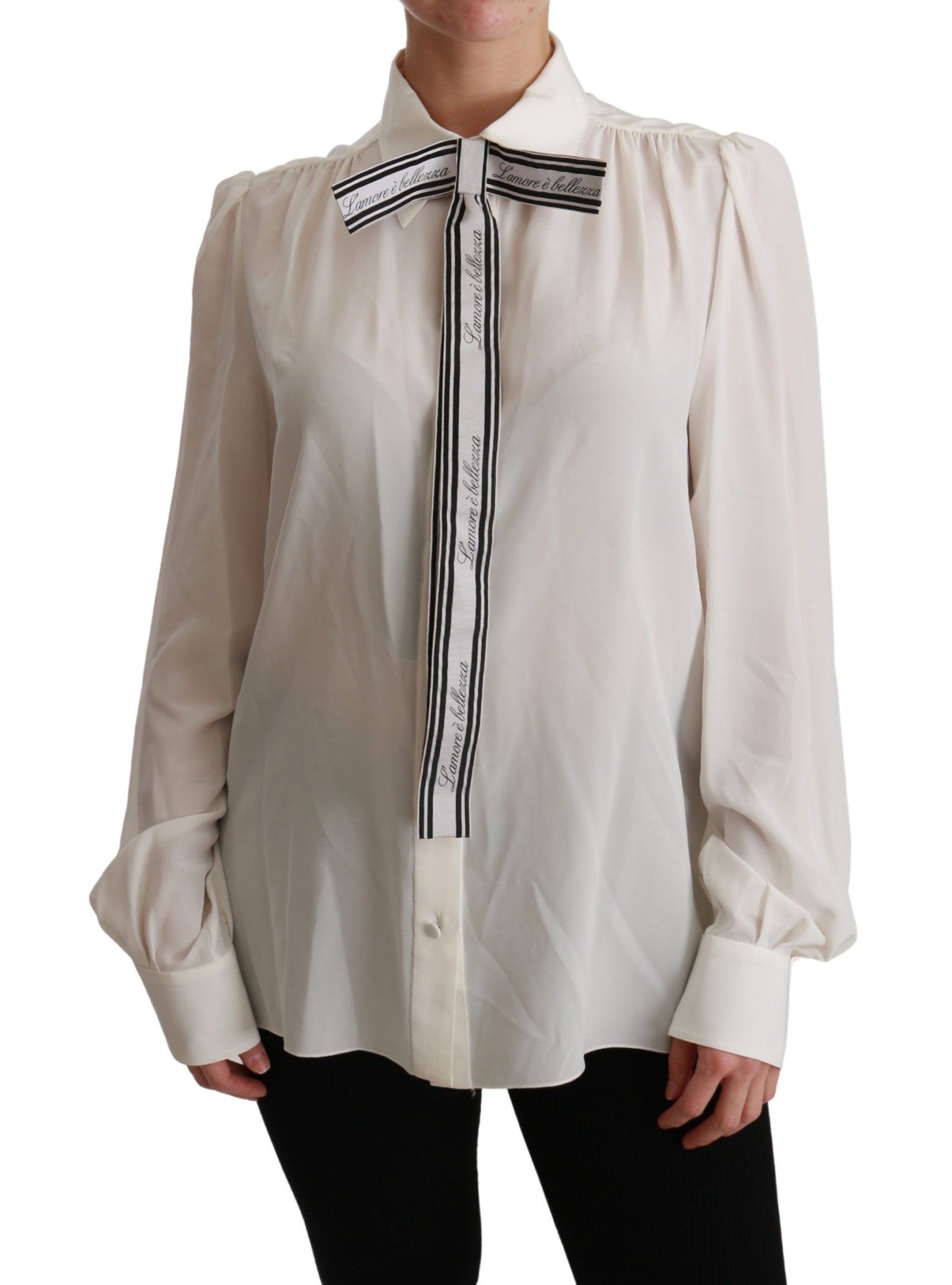 Elegant White Silk Blouse with Detachable Bow