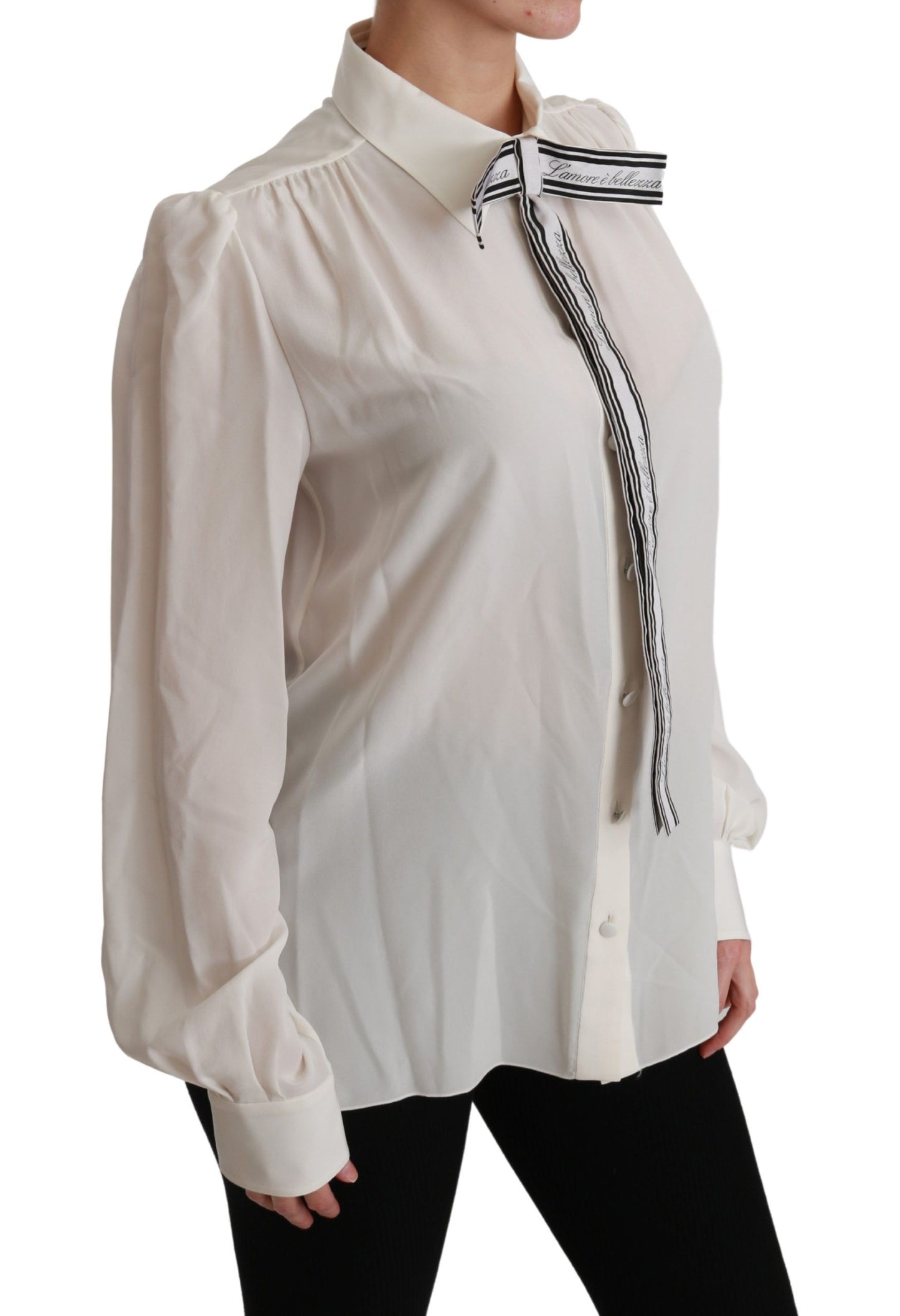 Elegant White Silk Blouse with Detachable Bow