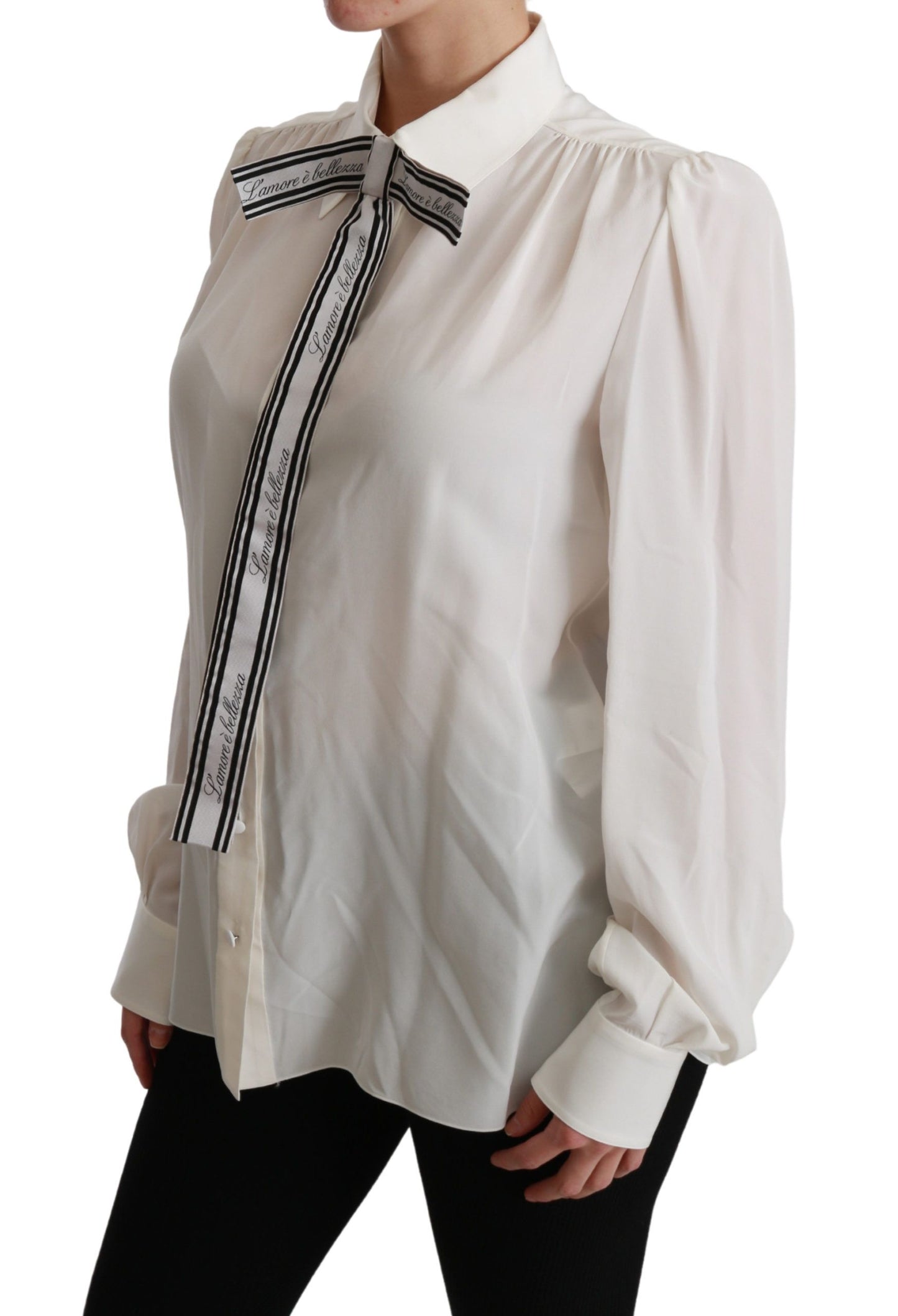 Elegant White Silk Blouse with Detachable Bow