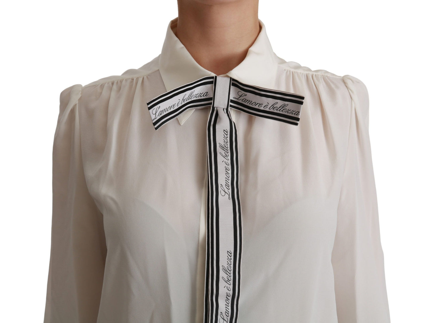 Elegant White Silk Blouse with Detachable Bow