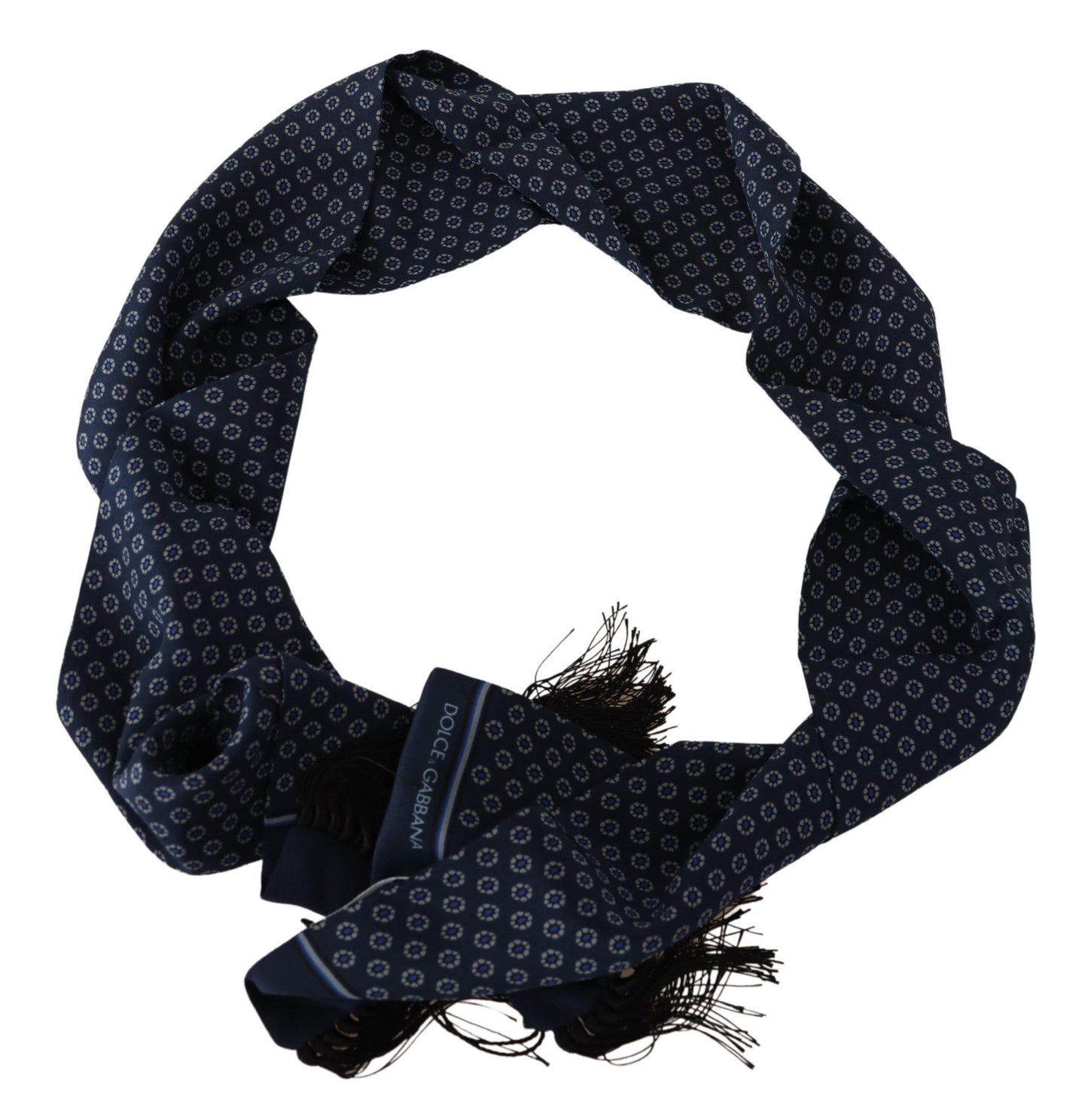 Elegant Silk Fringed Scarf in Blue Baroque