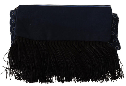 Elegant Silk Fringed Scarf in Blue Baroque