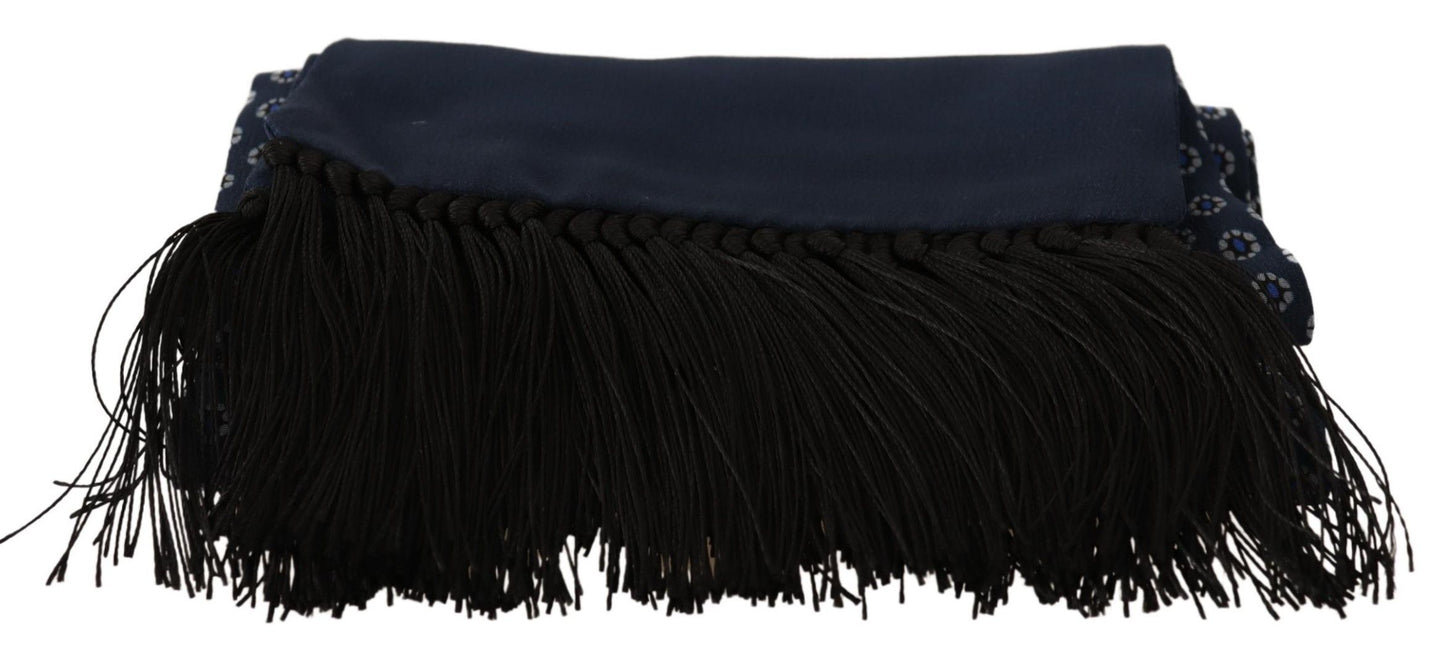 Elegant Silk Fringed Scarf in Blue Baroque