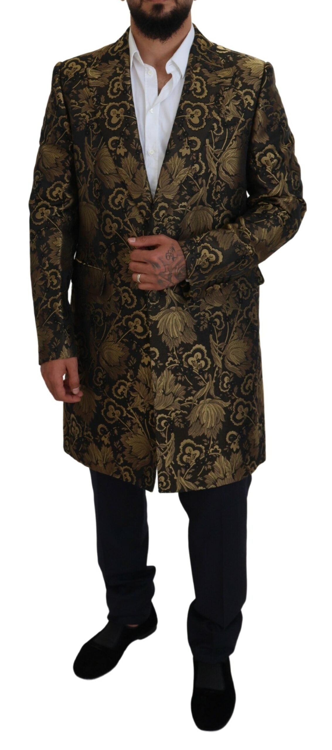 Opulent Black and Gold Jacquard Coat