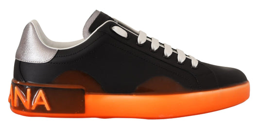 Elegant Black and Orange Leather Sneakers