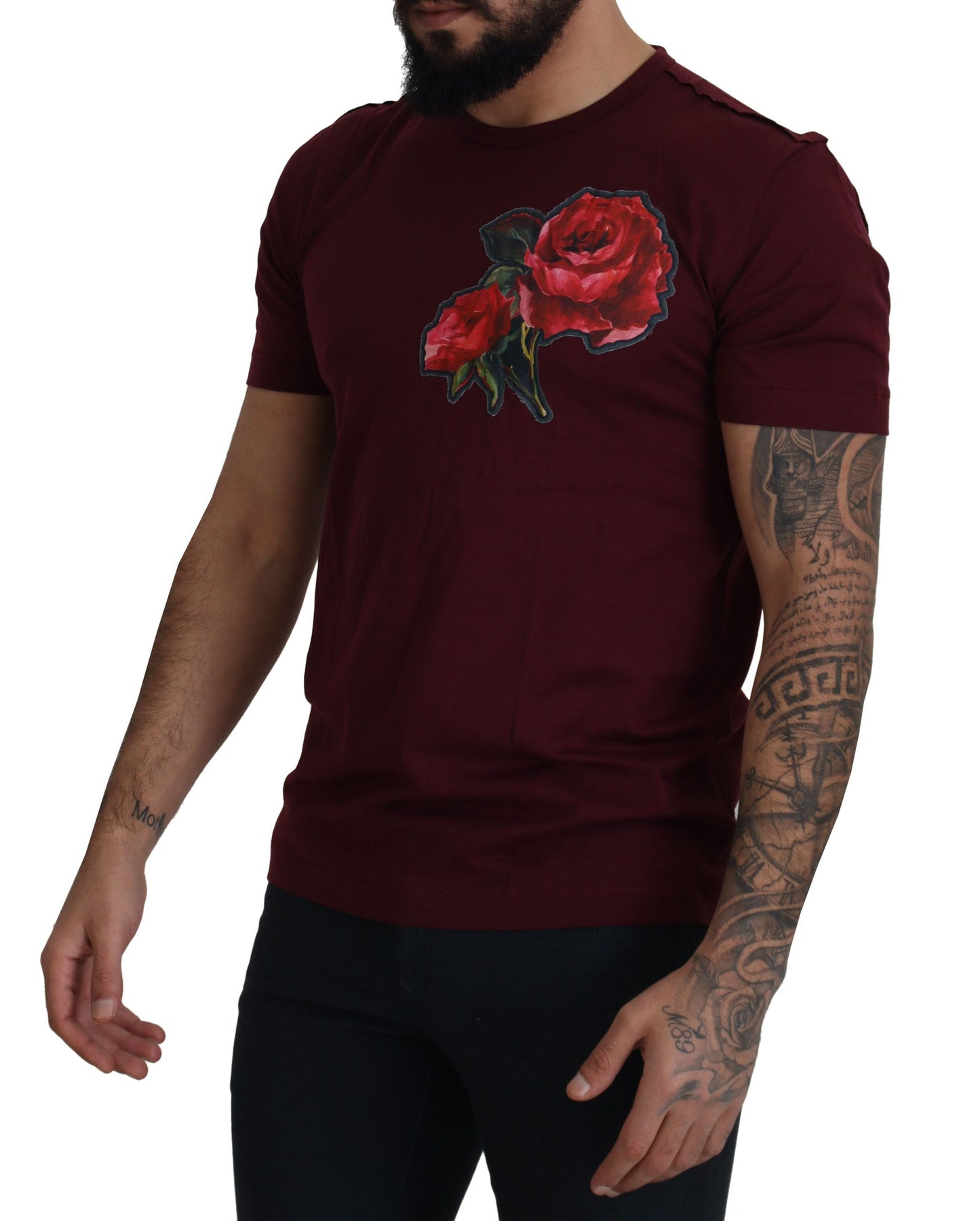 Bordeaux Roses Cotton Crewneck T-shirt