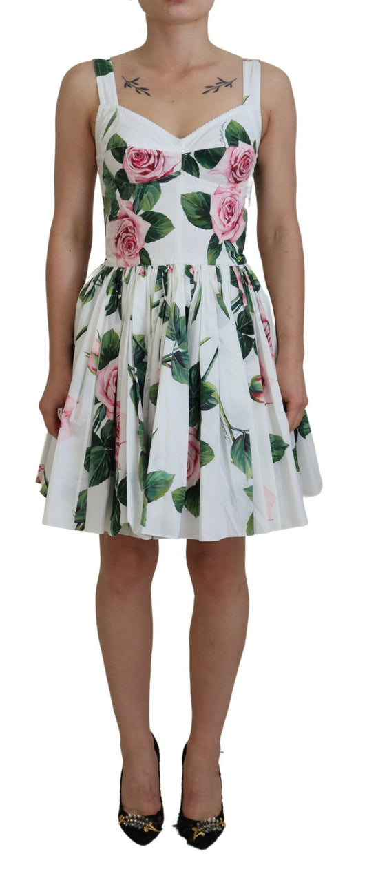 Elegant White Rose Print A-Line Mini Dress