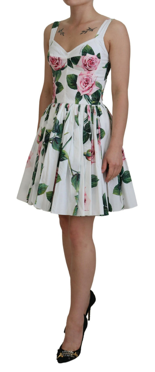 Elegant White Rose Print A-Line Mini Dress