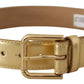 Elegant Gold Leather Belt with Logo Buckle