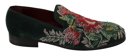 Emerald Velvet Embroidered Loafers