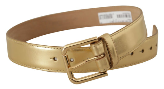 Elegant Gold Leather Belt with Logo Buckle