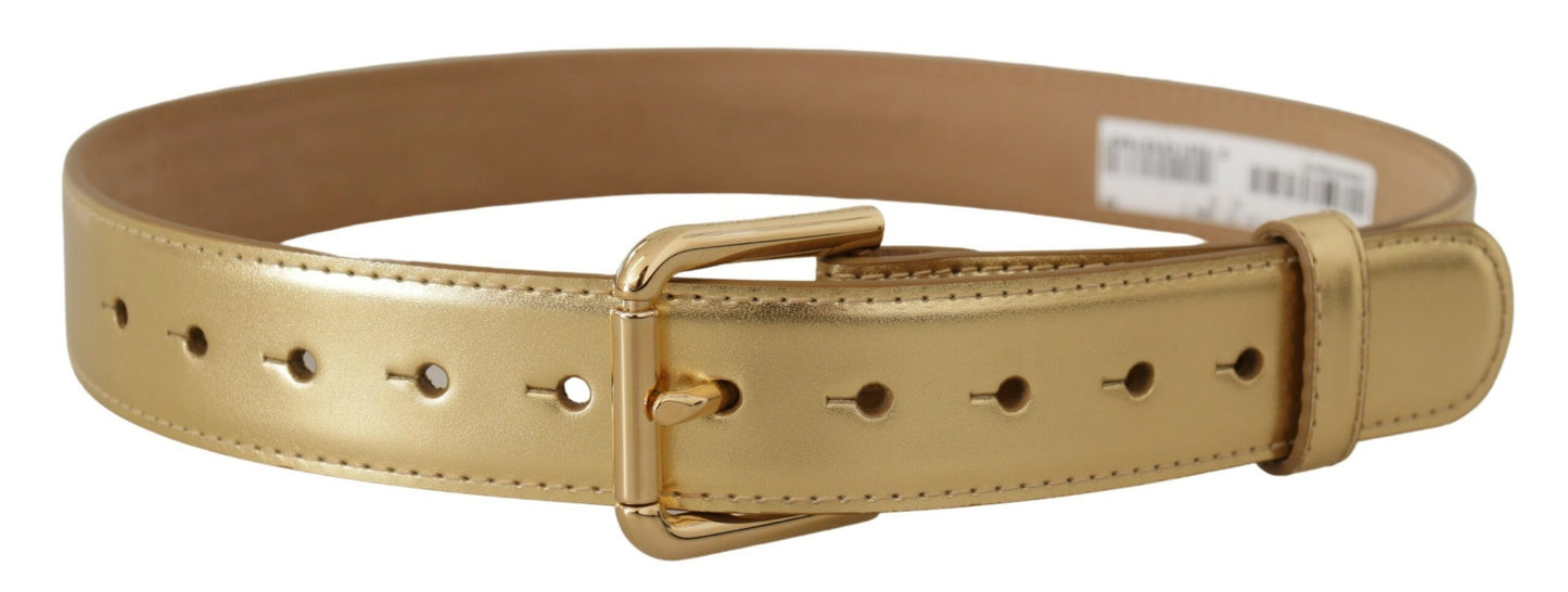 Elegant Gold Leather Belt with Logo Buckle