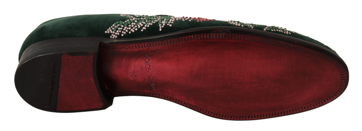 Emerald Velvet Embroidered Loafers