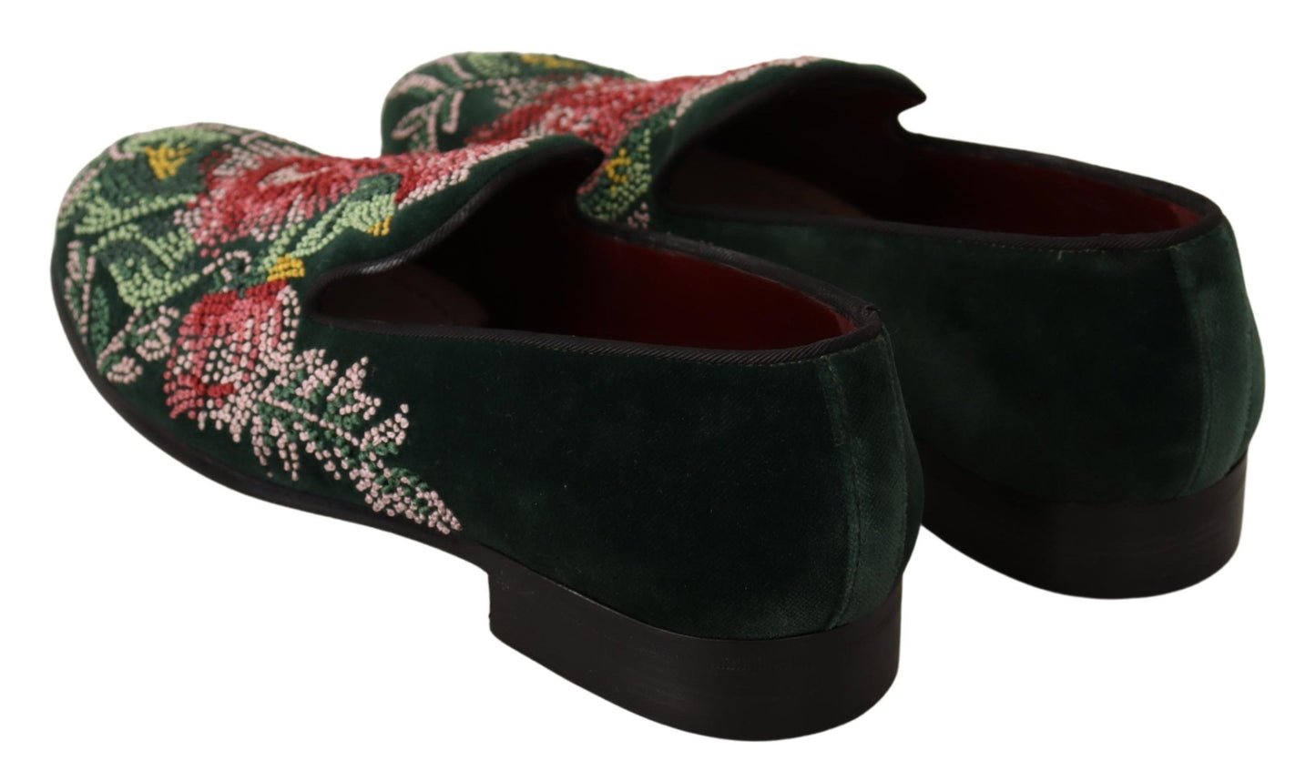 Emerald Velvet Embroidered Loafers