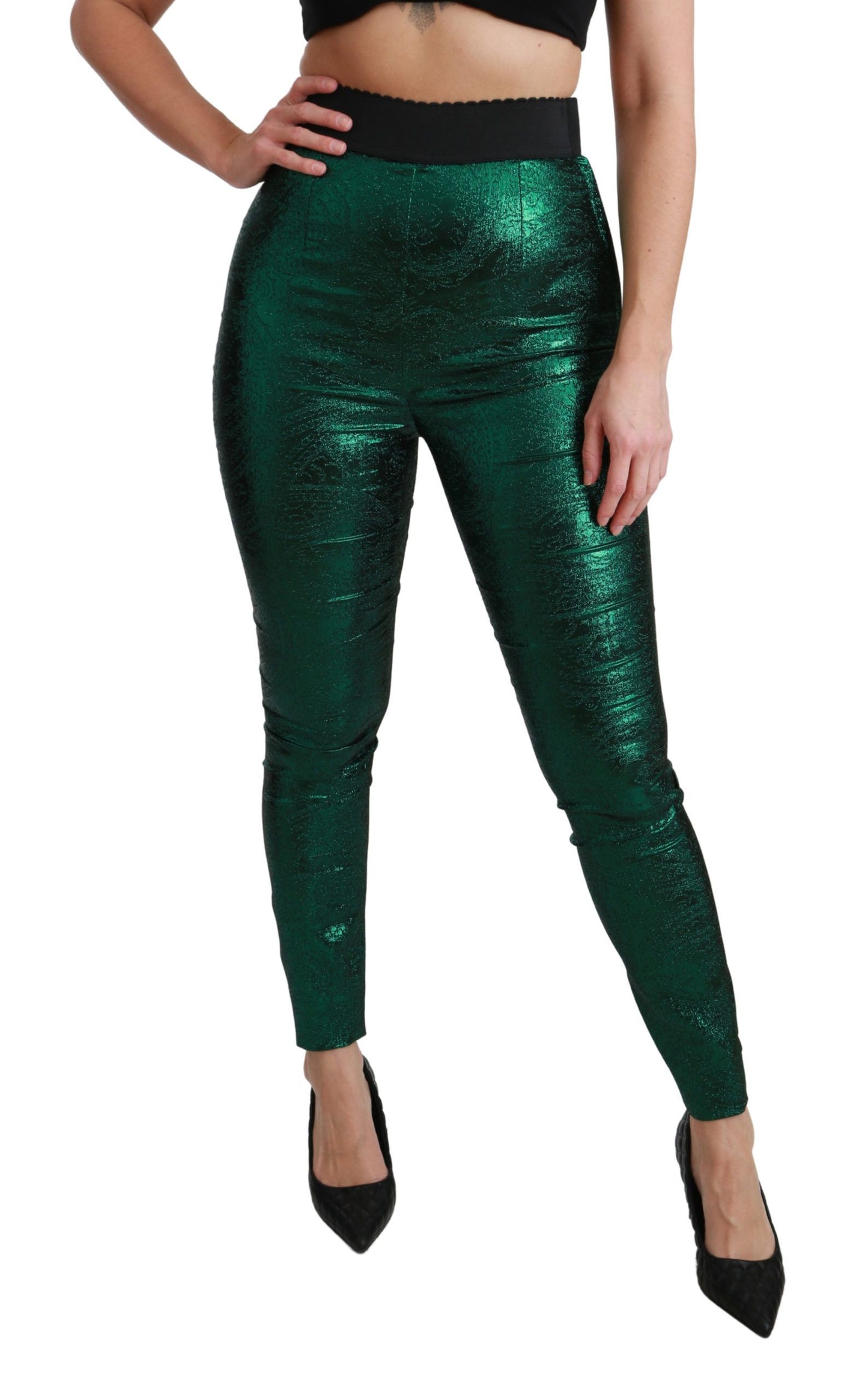 Elegant Green Jacquard Slim Fit Leggings