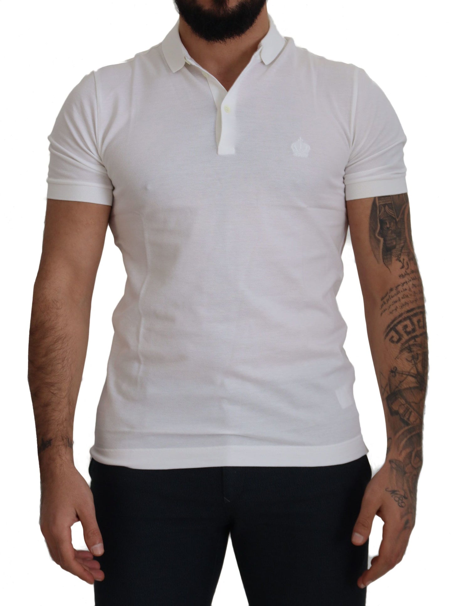 Elegant White Cotton Polo T-Shirt with Crown Embroidery