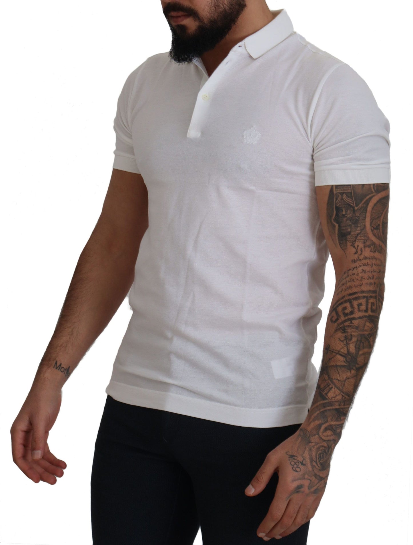 Elegant White Cotton Polo T-Shirt with Crown Embroidery